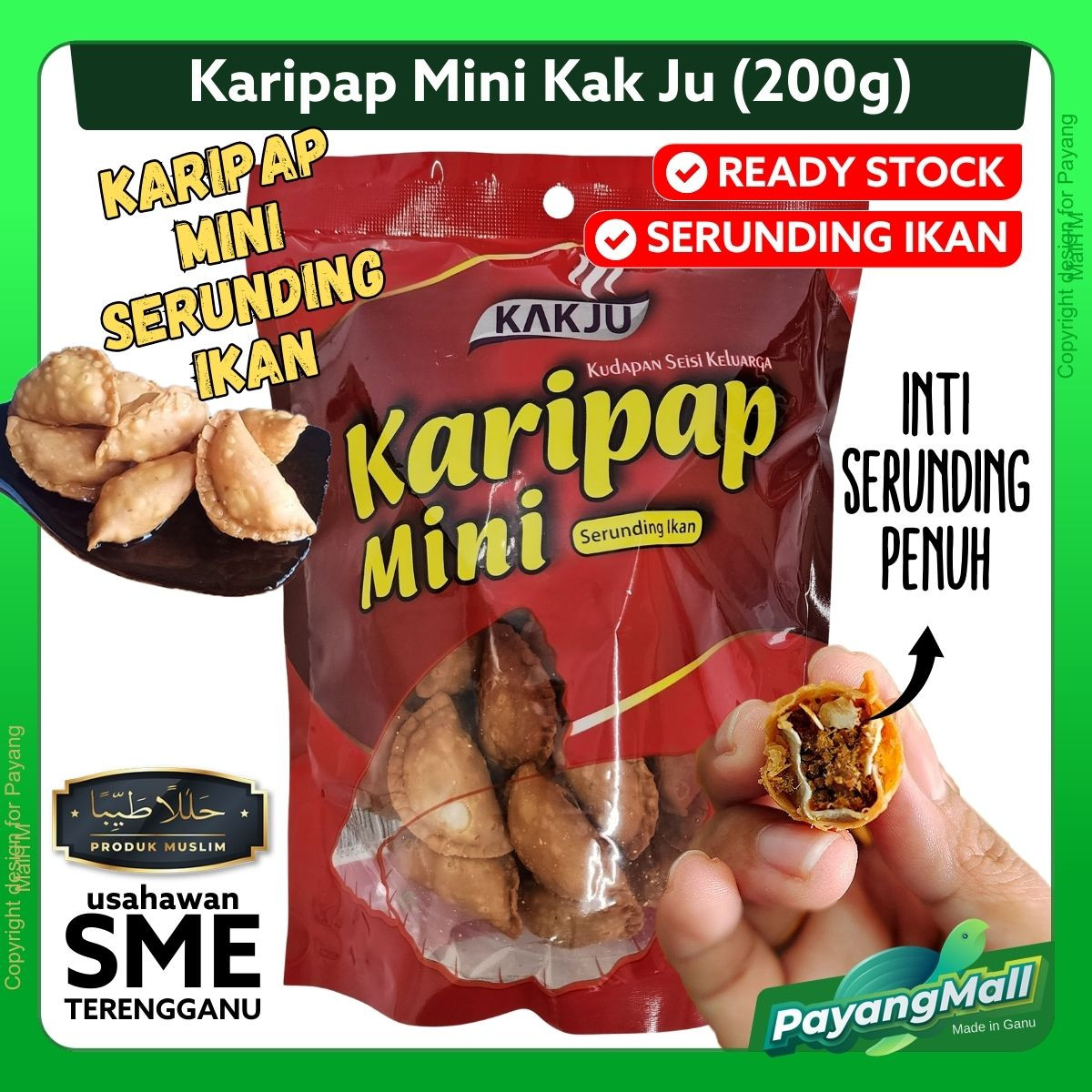 𝗣𝗔𝗬𝗔𝗡𝗚 𝗠𝗔𝗟𝗟  Karipap Mini Serunding Ikan Kak Ju Inti Padat Asli Terengganu Murah (200g / Paket)