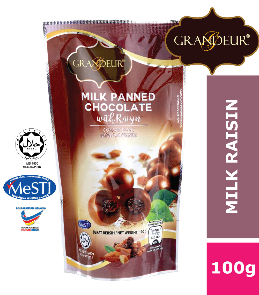 GRANDEUR Dairy Milk Panned Chocolate With Raisin 100g Coklat Langkawi Murah Borong Sedap Halal