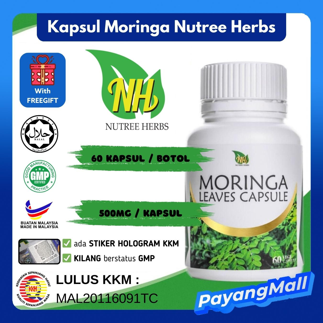 NUTREE HERBS Kapsul Moringa untuk Kawal Kencing Manis & Gula dalam Darah 60 Kapsul / 500MG per Kapsul Halal Lulus KKM | PAYANG MALL