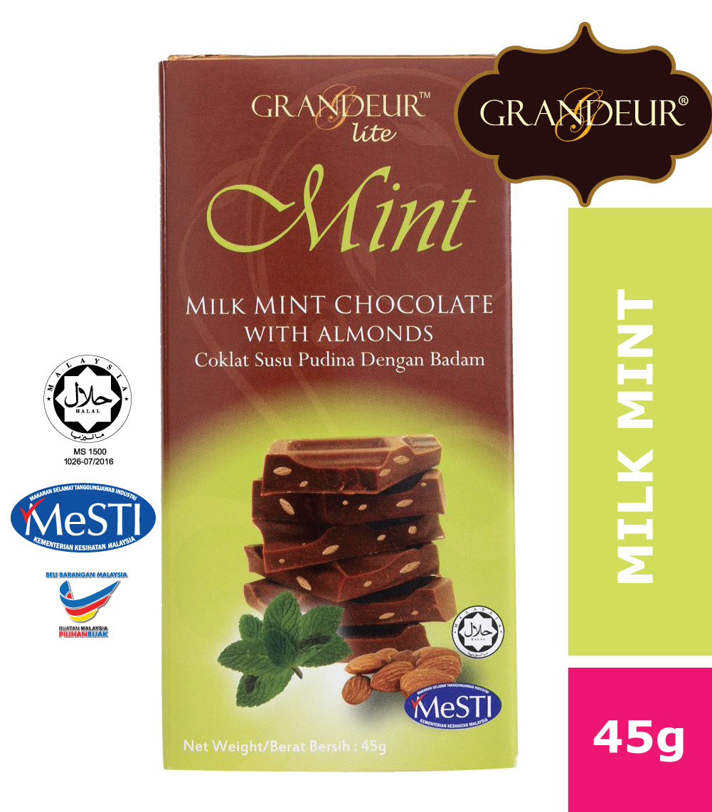 GRANDEUR Milk Mint Chocolate Bar With Almonds 45g Coklat Langkawi Murah Borong Halal Viral Sedap