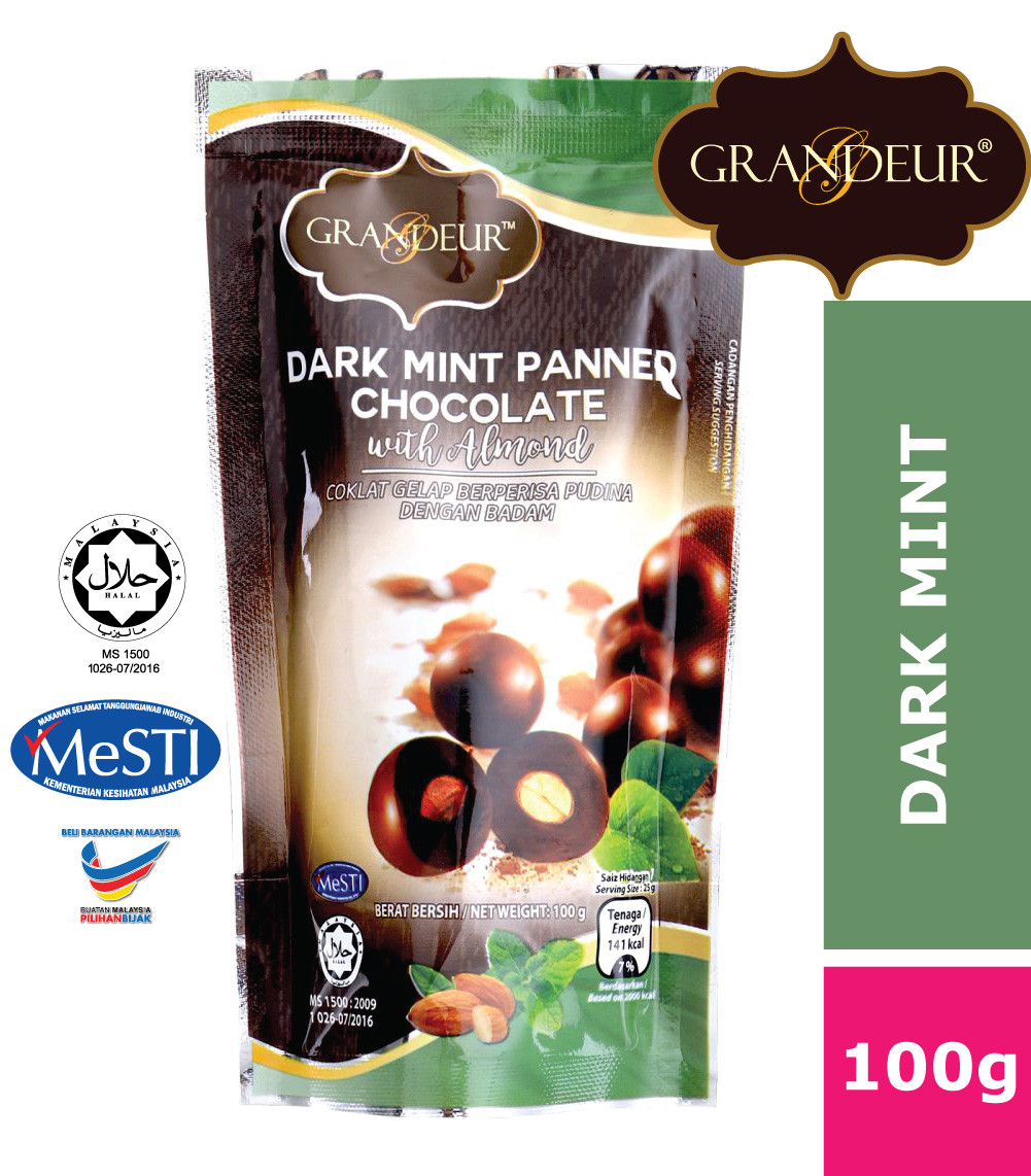 GRANDEUR Dark Mint Panned Chocolate With Almond 100g Coklat Langkawi Murah Borong Sedap Halal