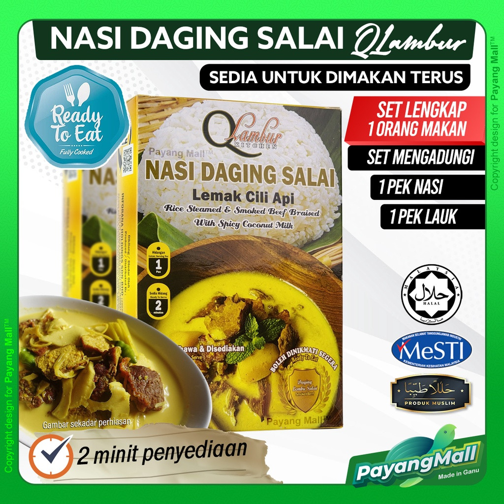 𝗣𝗔𝗬𝗔𝗡𝗚 𝗠𝗔𝗟𝗟 READY TO EAT Nasi Daging Salai Masak Lemak Cili Api Travel Food Pack Instant Mesti Halal Pack for 1 Pax