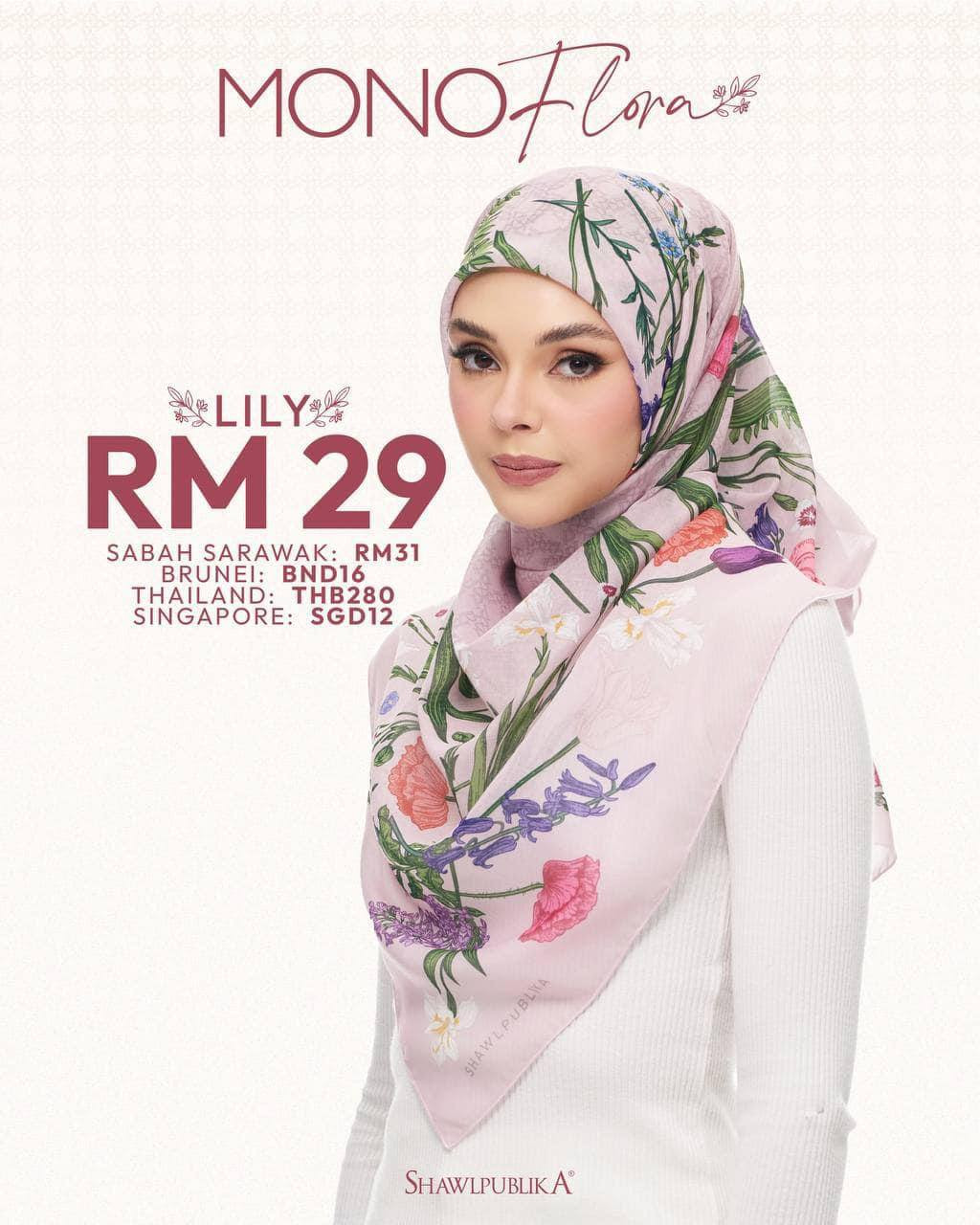 SHAWL PUBLIKA MONO FLORAL | TUDUNG BAWAL |  45' | BAWAL MURAH | FREE BROOCH