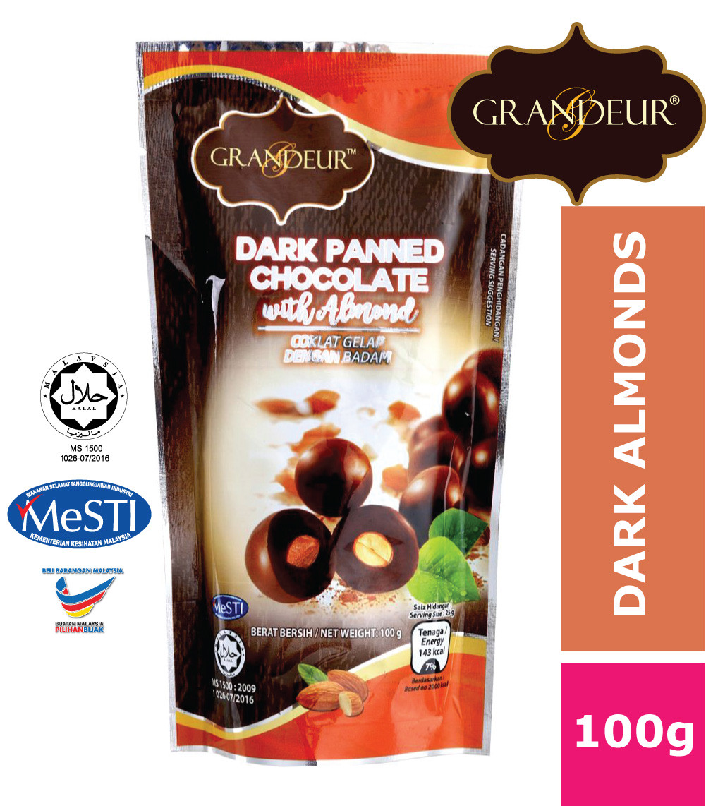 GRANDEUR Dark Panned Chocolate With Almond 100g Coklat Langkawi Murah Borong Sedap Halal