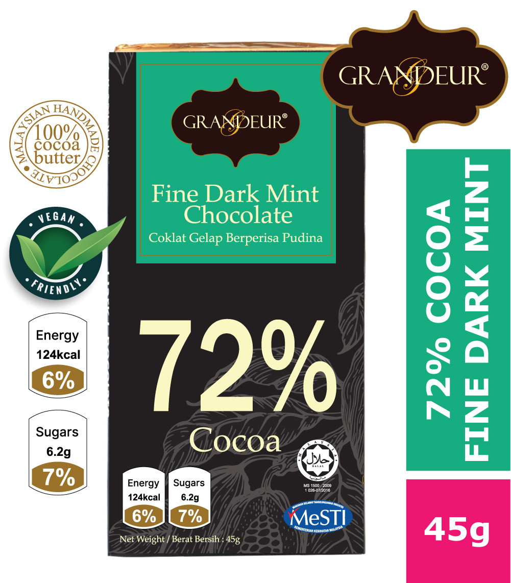 GRANDEUR 72% Cocoa Fine Dark Mint Chocolate Bar 45g Coklat Langkawi Murah Borong Sedap Halal
