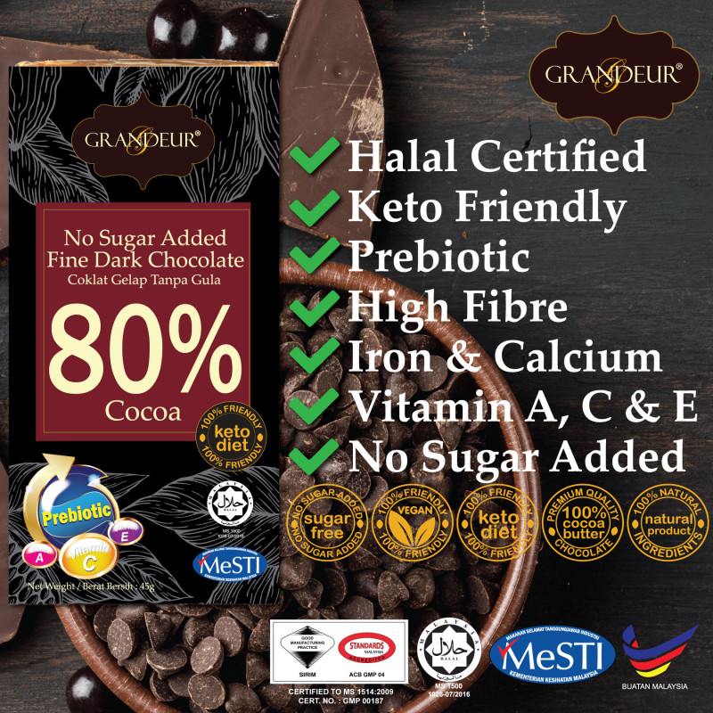GRANDEUR 80% Cocoa No Sugar Added Keto Friendly Dark Chocolate Bar 45g with Prebiotic + Vitamins Sugar Free Coklat Halal Certified